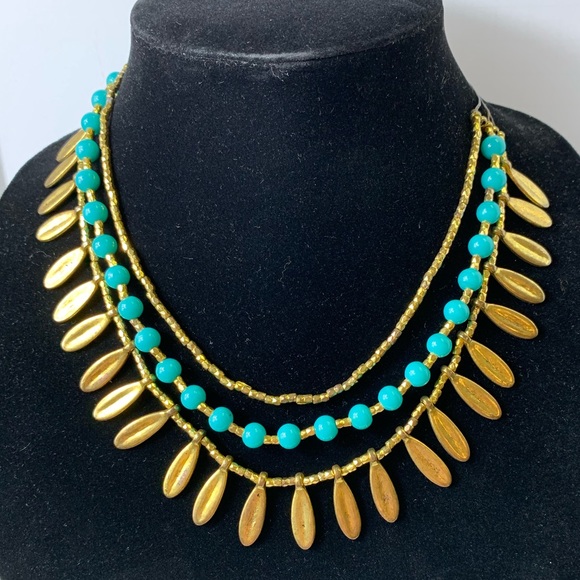 Estate Jewelry - Multi Strand Gold & Turquoise Glass Bead Necklace